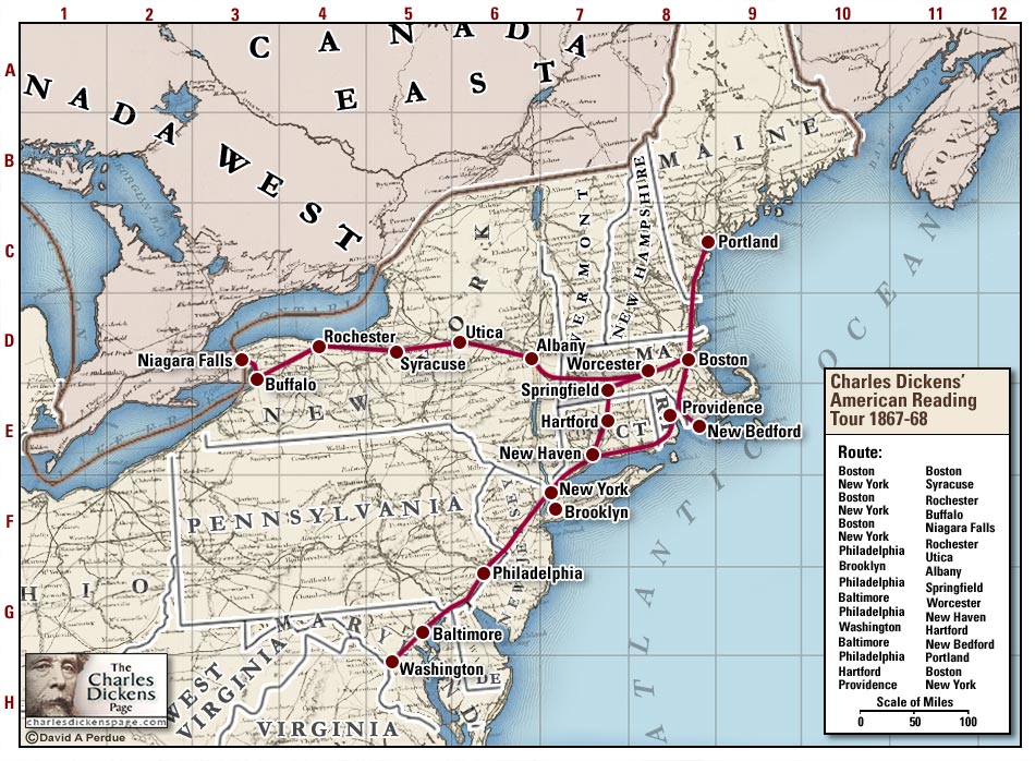 Charles Dickens American Reading Tour Map 1867-68